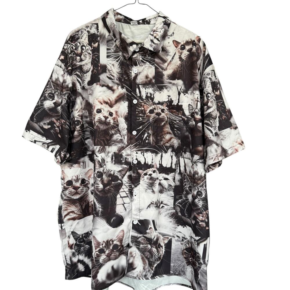 Cat Photo Print Short Sleeve Button-Down Shirt - Black/White